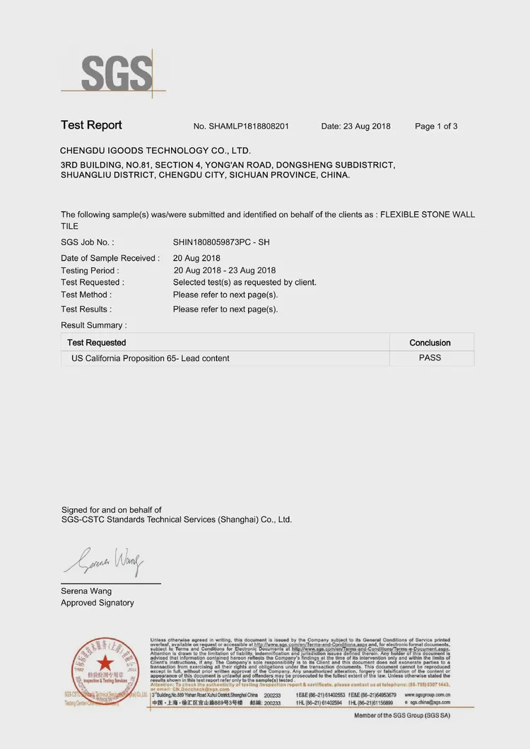 柔性石材墙砖 SGS 铅含量检测报告 · 英文报告 · 第 1 / 3 页 柔性石材墙砖 SGS 铅含量检测报告 · 英文报告 · 第 1 / 3 页