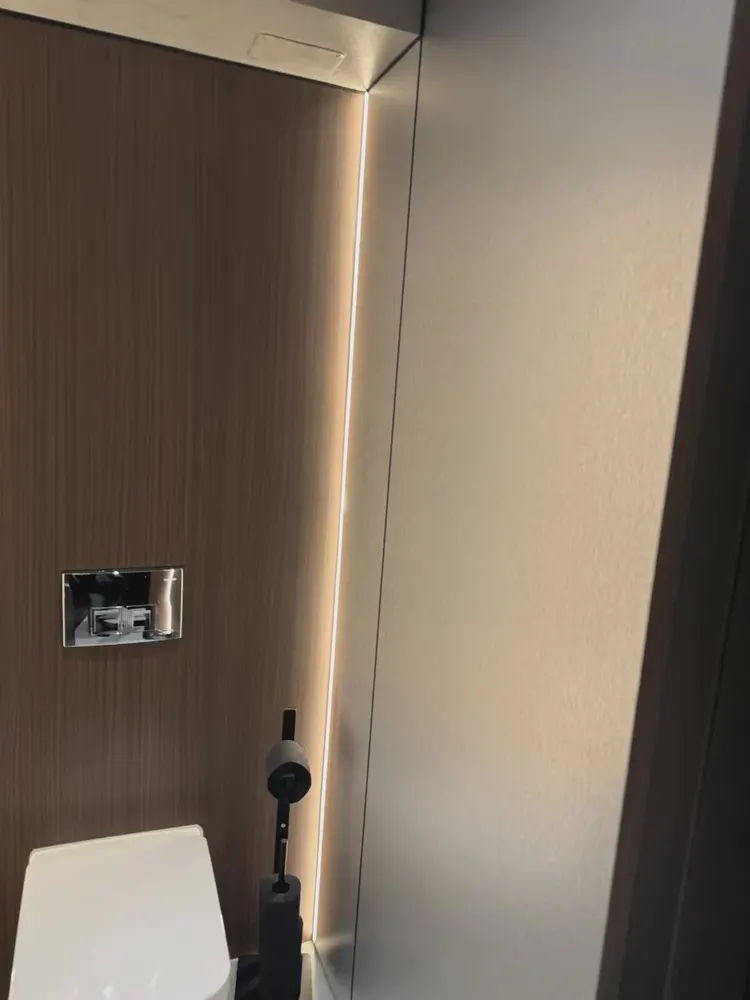 罗马尼亚餐厅PADELLA洗手间木纹与香槟色金属木饰面实拍