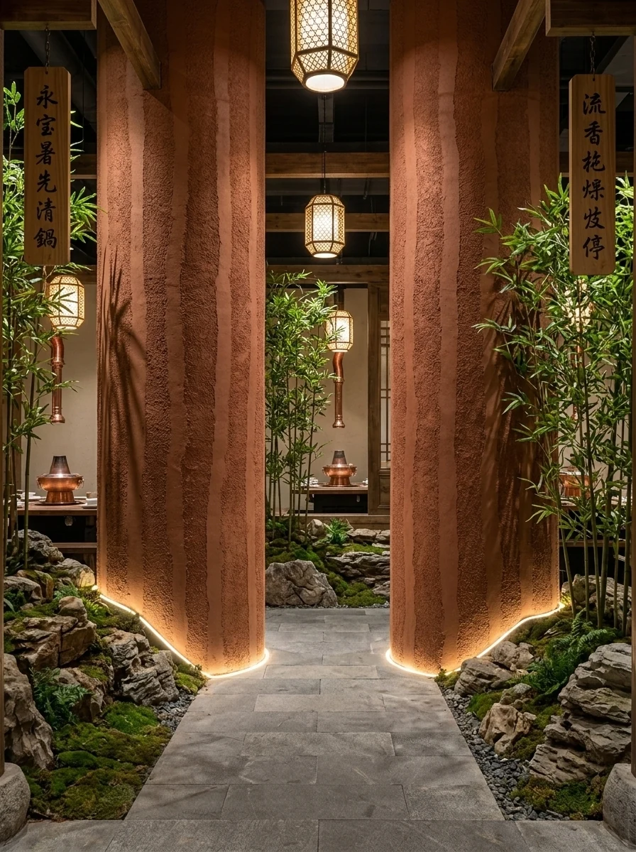 中式庭院火锅-红色夯土板-柔性石材2