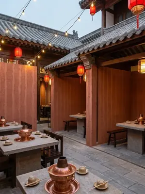 中式庭院火锅-红色夯土板-柔性石材